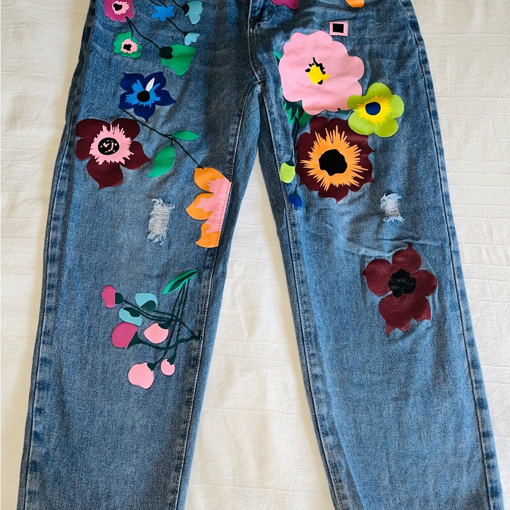 Shein Floral Print Jeans Size 0X Plus Casual Trendy Statement Pants